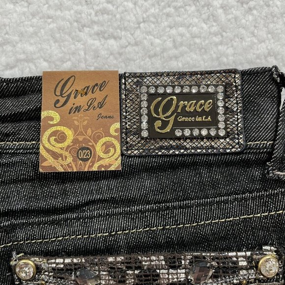 Grace in LA Women's Y2K Stunned Rhinestone Skinny Jeans Size 0/23 Black NWT - Picture 6 of 12